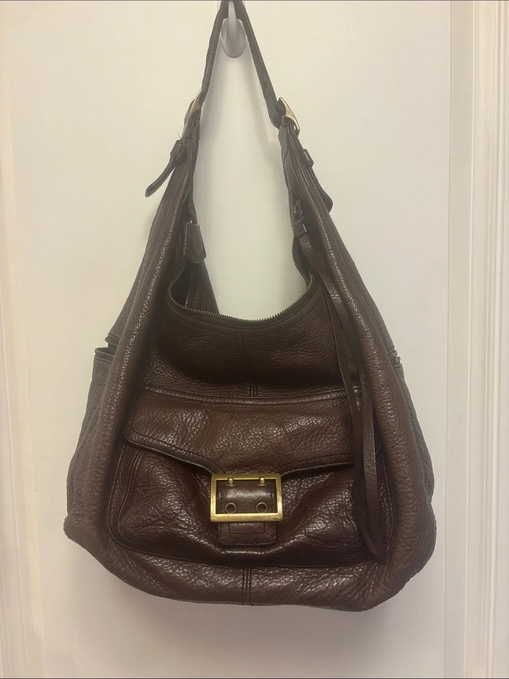Vintage Y2K Banana Republic Dark Brown Pebbled Leather Hobo with Brass Buckle - Picture 1 of 3